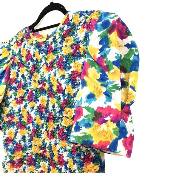 Vintage Plaza South Floral Puff Sleeve Smocked Drop Waist Midi Dress Size 8 - Picture 12 of 14